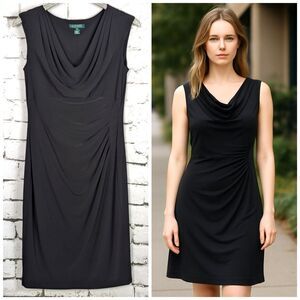 LAUREN RL Stretch Jersey Knit Dress Draped Ruched LBD Essential Capsule Size 12